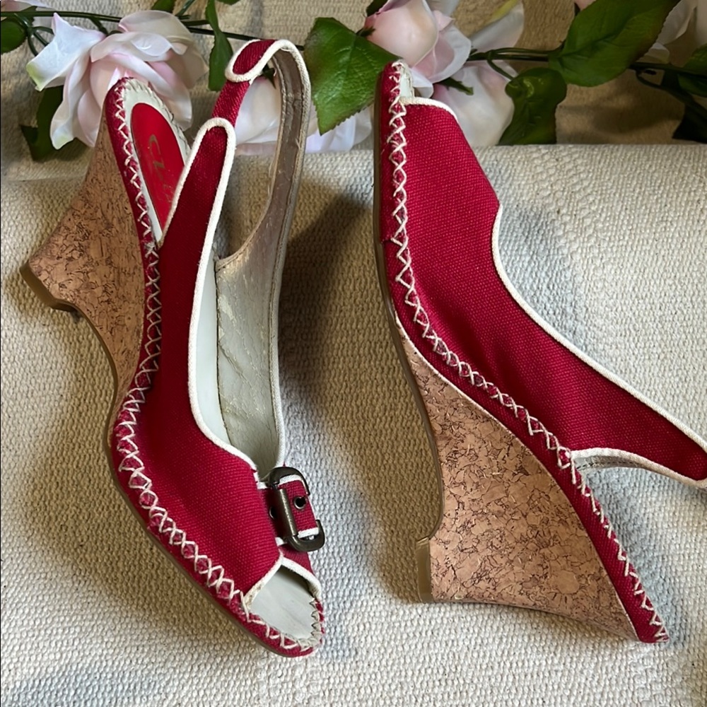 🌷Vintage Red Cork Wedge Slingback Shoes